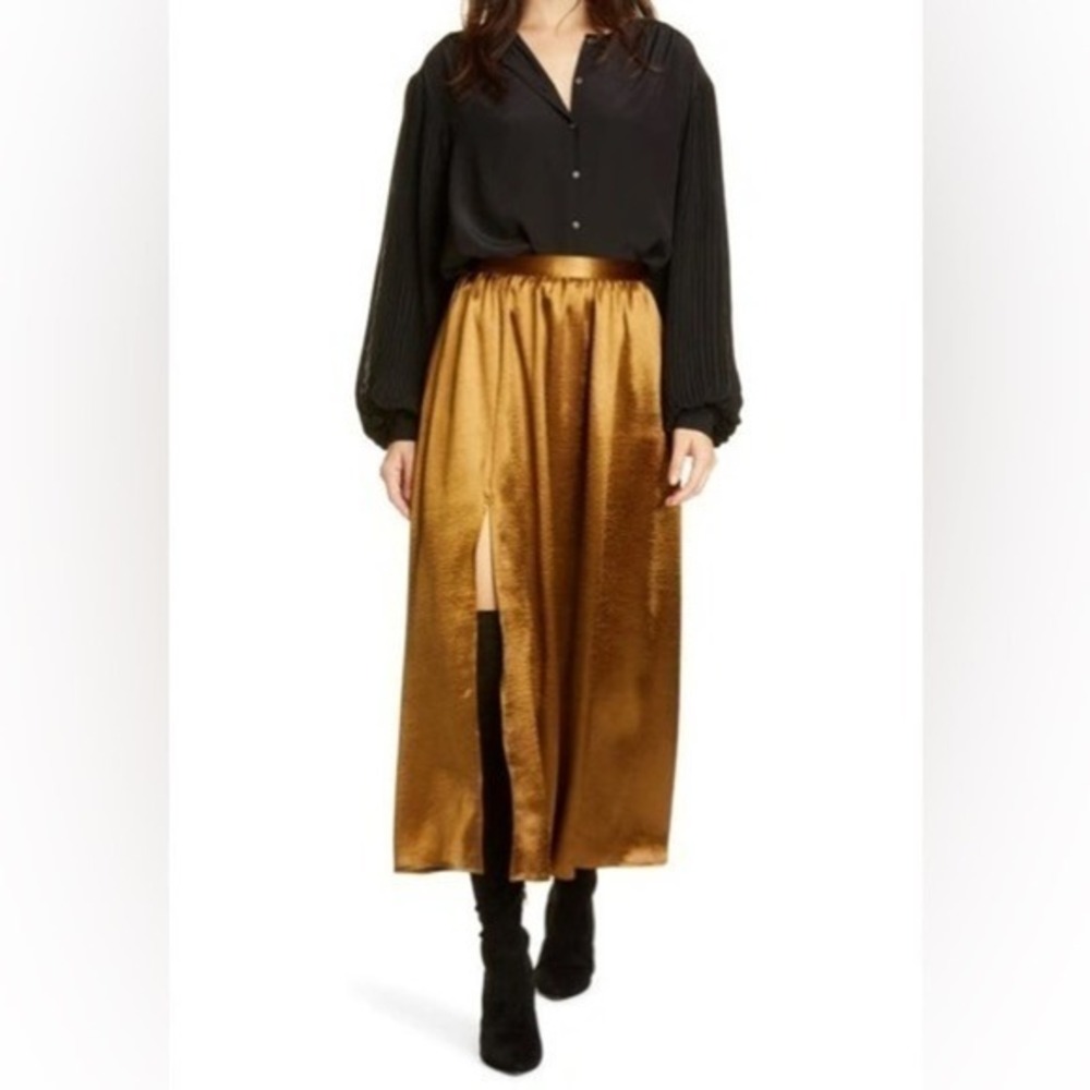Joie‎ Duffy Metallic Bronze Slit Satin Midi Skirt Size 6 NWT